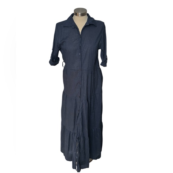 Dresses & Skirts - Navy Tiered 100% Cotton Flowy Long Sleeve Maxi Dress